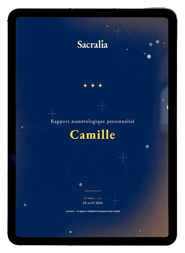 Rapport numérologique Sacralia affiché sur tablette