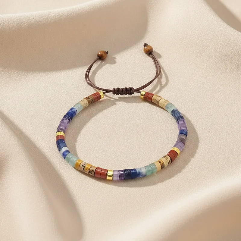 Bracelet 7 chakras femme posé à plat sur un tissu clair