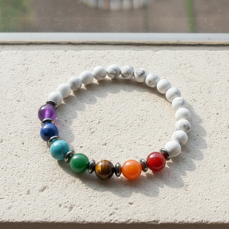 Bracelet 7 chakras howlite près d'une fenêtre
