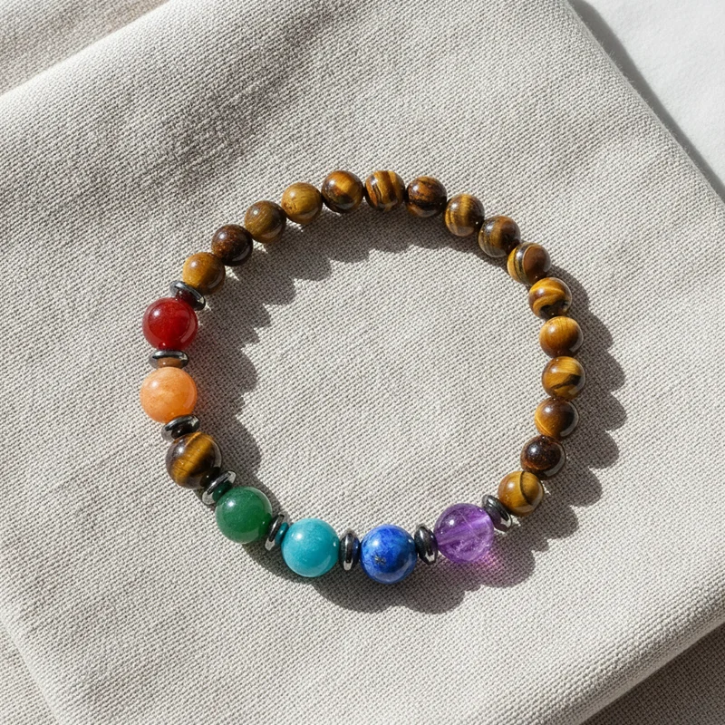 Bracelet 7 chakras oeil de tigre sur lin clair