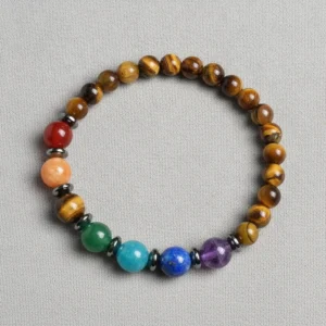 Bracelet 7 chakras oeil de tigre sur fond clair