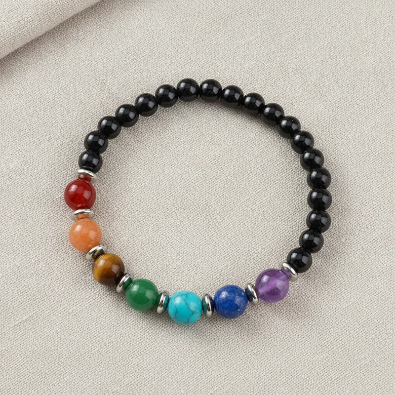 Bracelet 7 chakras onyx sur lin clair