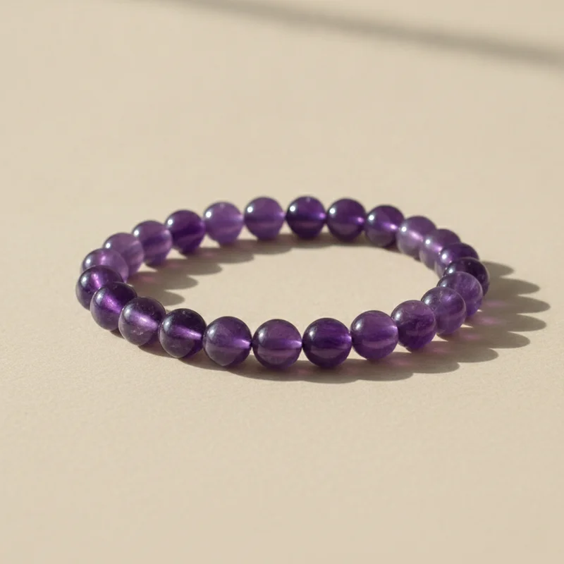 Bracelet améthyste posé sur du lin clair