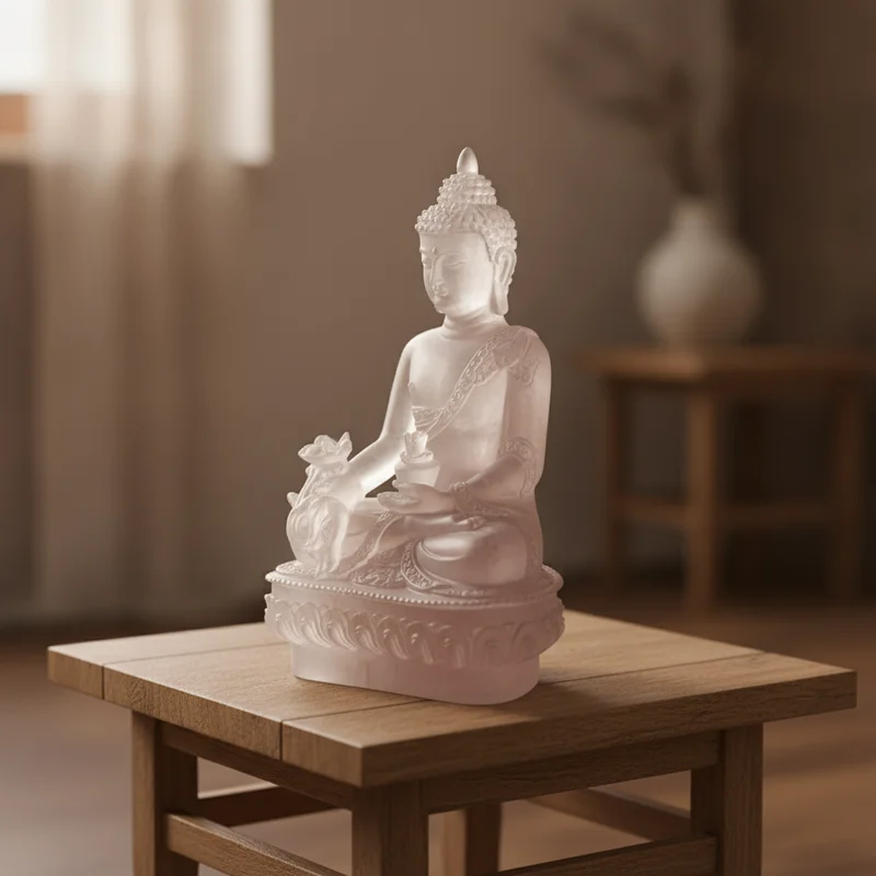 Statue Bouddha translucide en cadeau sur un meuble d'entrée