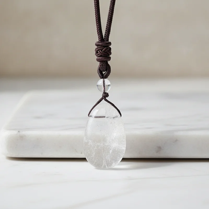 Pendentif cristal de roche posé sur pierre claire