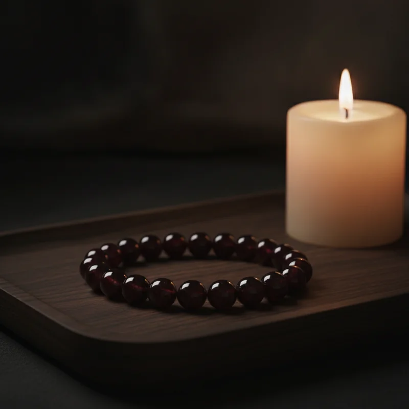 Bracelet grenat dans une ambiance chaleureuse