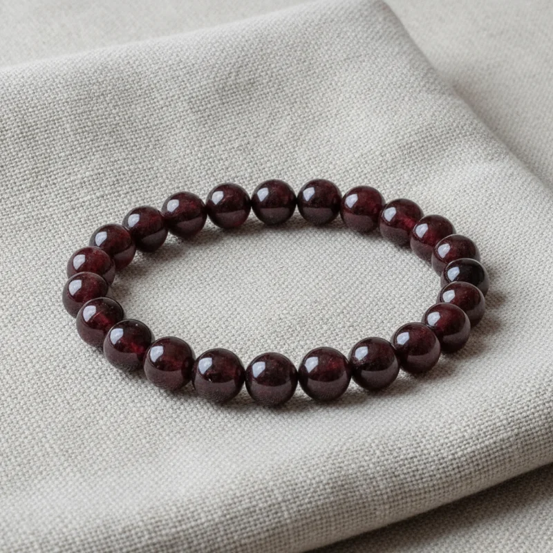 Bracelet grenat posé sur du lin clair
