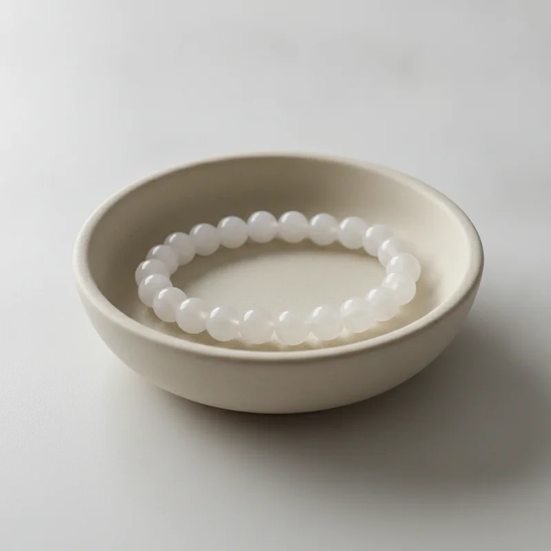 Bracelet jade blanc dans une coupelle claire