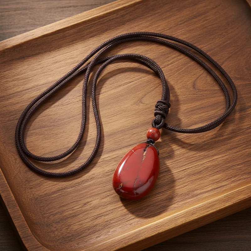 Pendentif jaspe rouge dans une ambiance naturelle