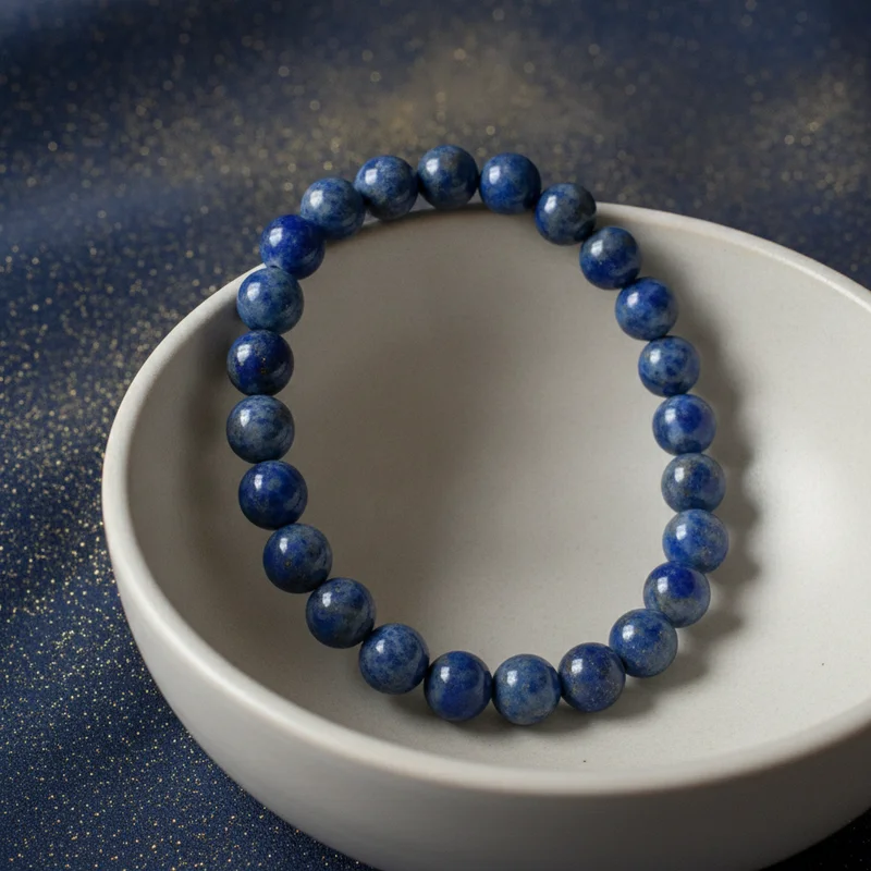 Bracelet lapis lazuli dans une coupelle claire