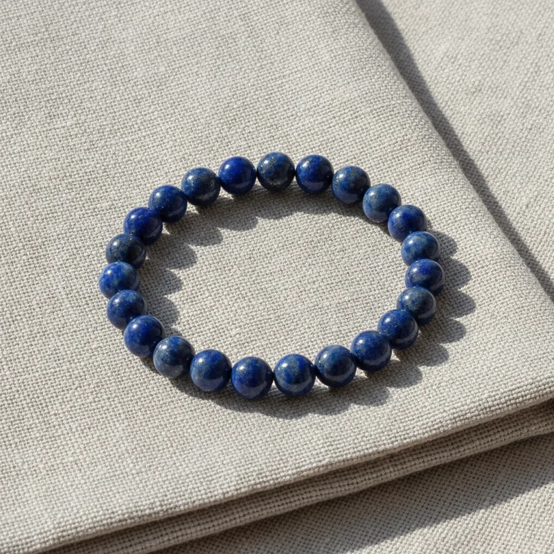 Bracelet lapis lazuli posé sur du lin clair