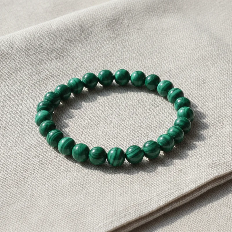 Bracelet malachite posé sur du lin clair