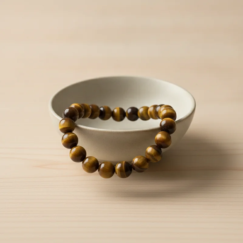 Bracelet oeil de tigre dans une coupelle claire