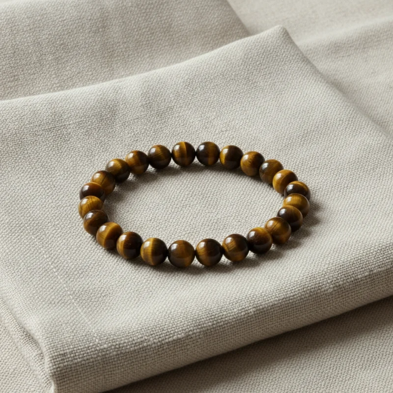 Bracelet oeil de tigre posé sur du lin clair