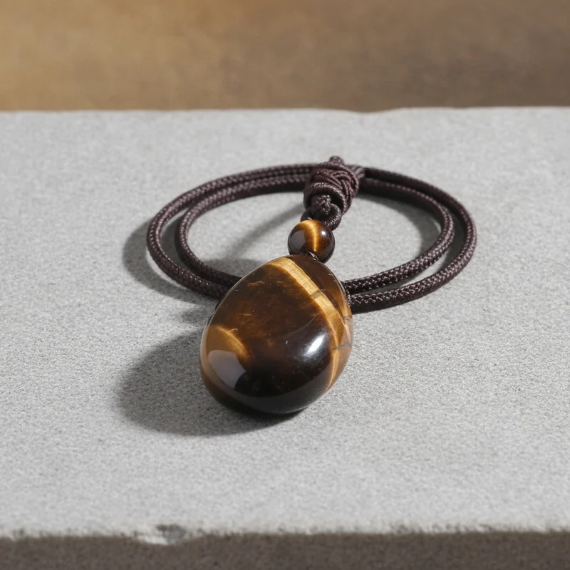 Pendentif oeil de tigre posé sur pierre claire