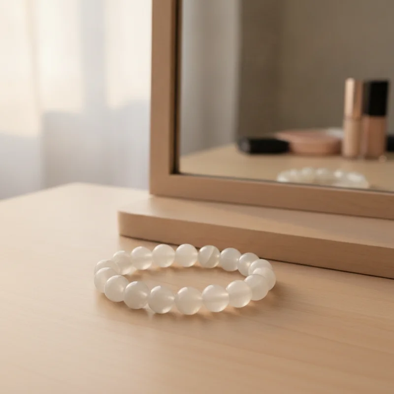 Bracelet pierre de lune posé près d'un miroir