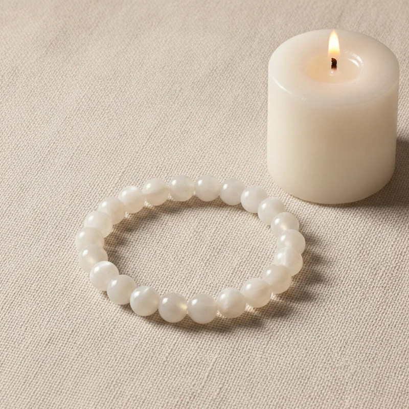 Bracelet pierre de lune sur lin clair près d'une bougie