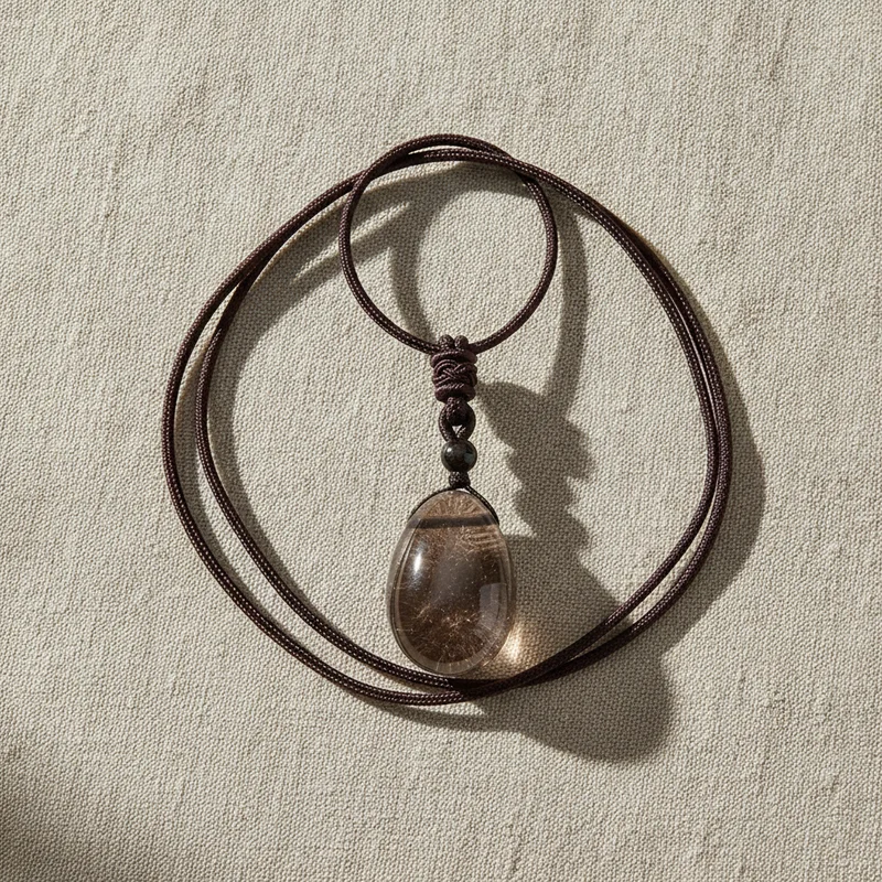 Pendentif quartz fumé sur lin clair