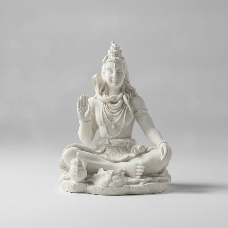 Statue Shiva en légère contre-plongée, grès blanc mat