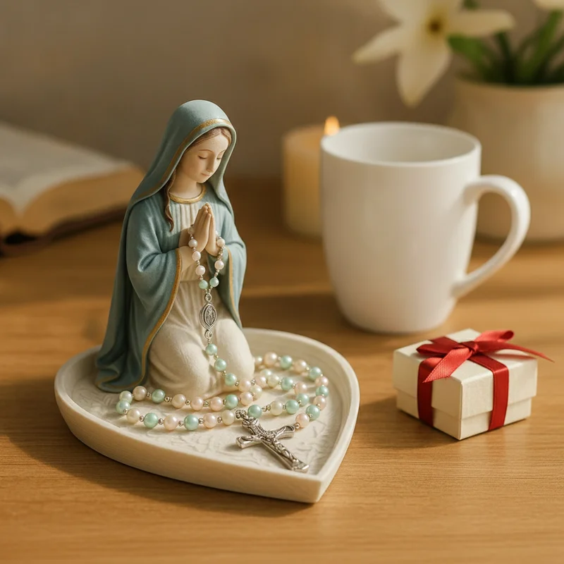Statue de la Vierge à côté d'une petite boîte cadeau