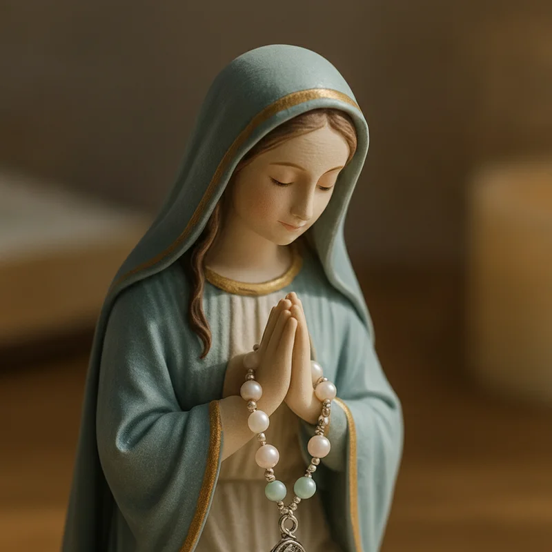 Gros plan sur le visage et les mains jointes de la Vierge