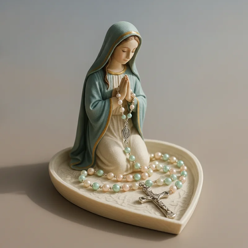 vierge-agenouillee-studio-1 Statue de la Vierge en prière sur vide-poche cœur, packshot